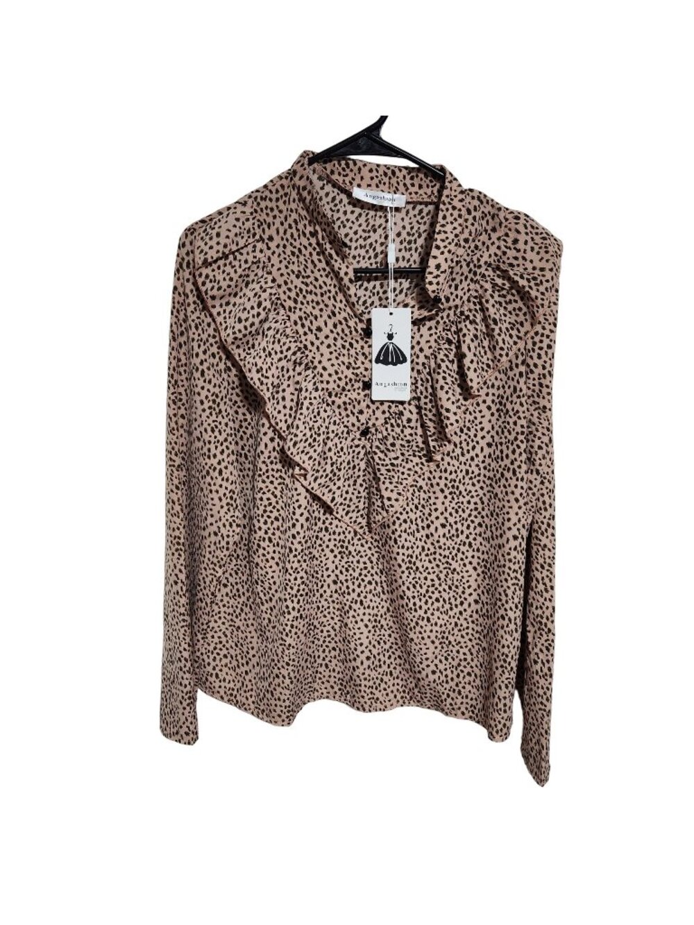 Angashion Cheetah Print Shirt Size Large Button Up Pink Ruffle Long Sleeve Top